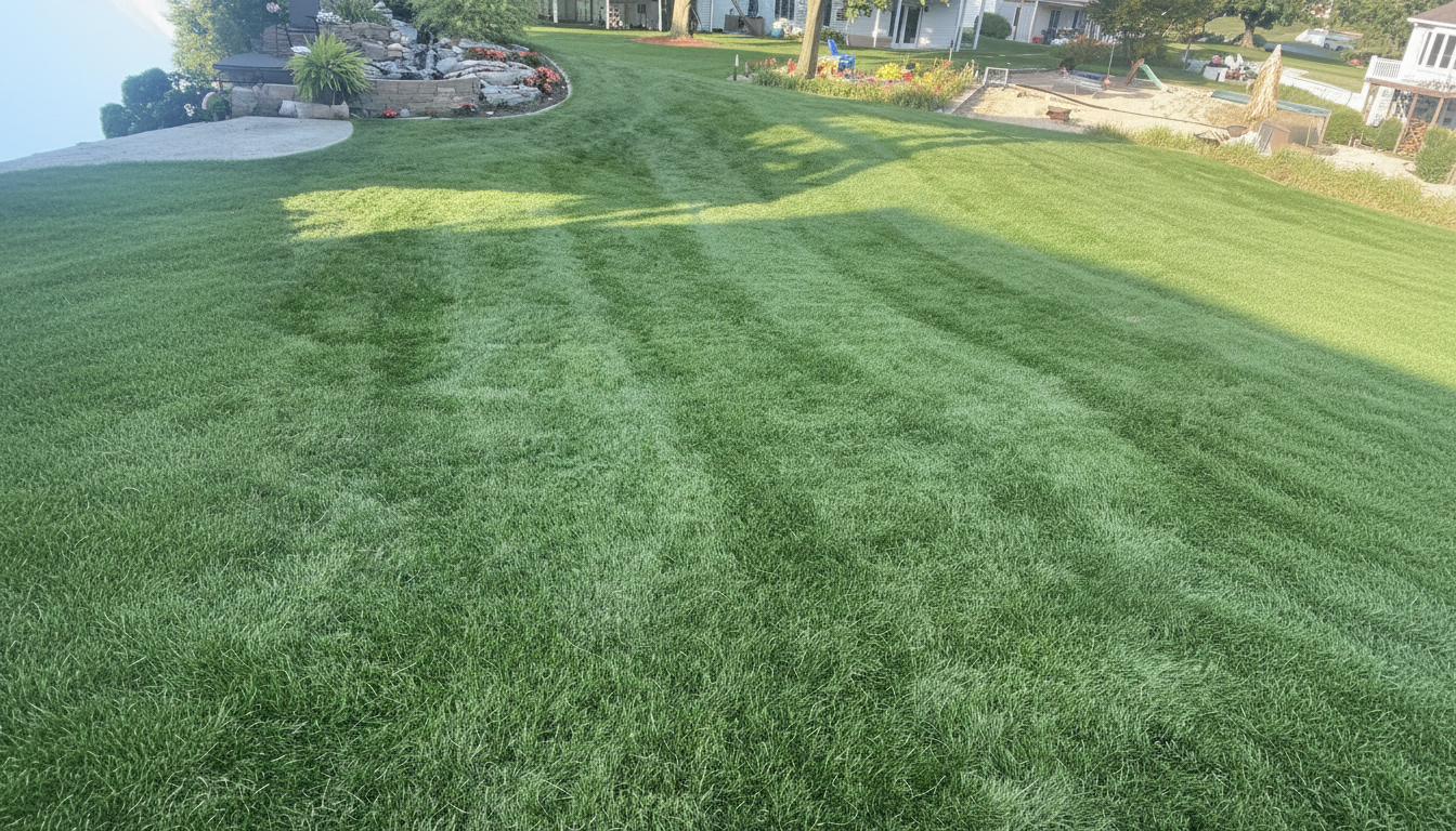 Freshly mowed lakefront lawn