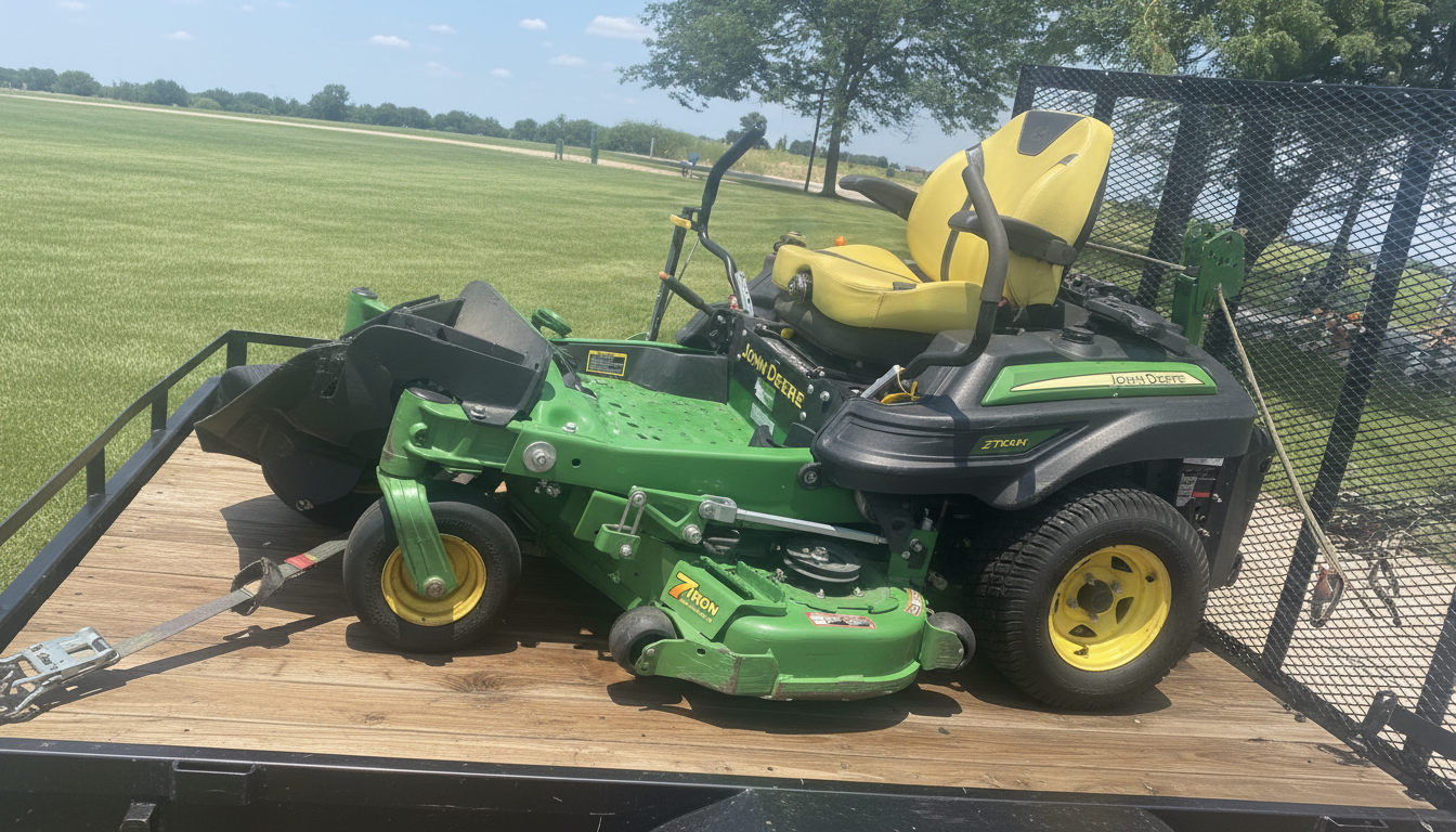John Deere mower on trailer